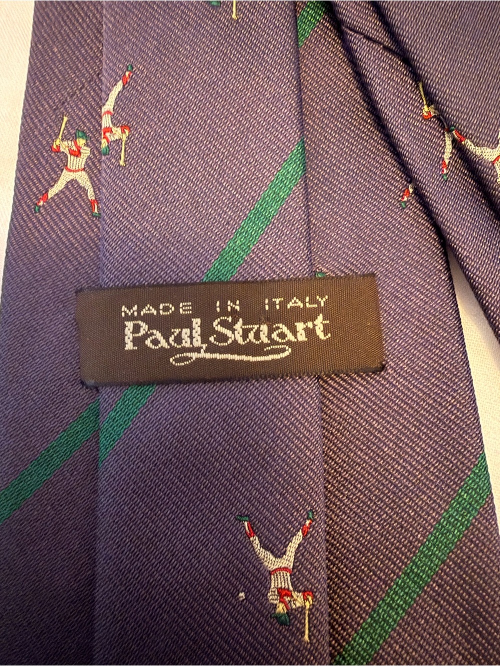 Paul Stuart Purple Silk Tie with Green Diagonals and Baseball Motif